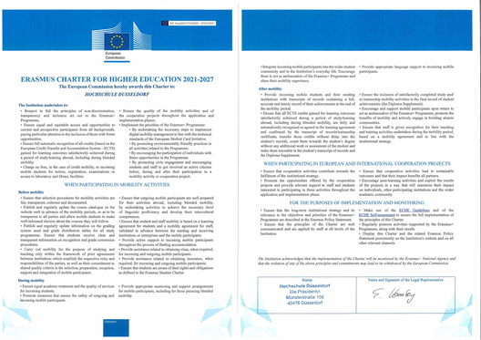 Der HSD wurde die ERASMUS Charta 2021-2027 verliehen. Damit erhält sie die Berechtigung, in den kommenden Jahren am ERASMUS-Programm teilzunehmen und in allen Förderlinien Anträge zu stellen. Aber sie verpflichtet die HSD auch, die in der Charta postulierten Grundsätze und Werte aktiv zu vertreten.