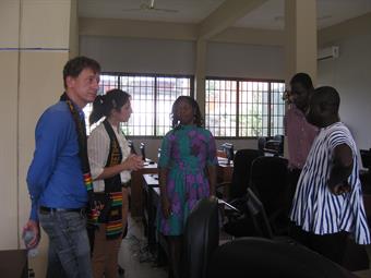 Rada Ille and Philipp Riegebauer with Prof. Ernestine Degraff-Aubyu, Faculty of Electrical Engineering at CCTU, and Ben Ebo Attom, senior lecturer and Head of International Affairs