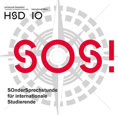 HSD and IO Emblem on the upper left Hand side in black. In the Background in Grey a big gyro compass. In the foreground in big red  letters: SOS! on the lower left side in black: Special Orientation Session for international students