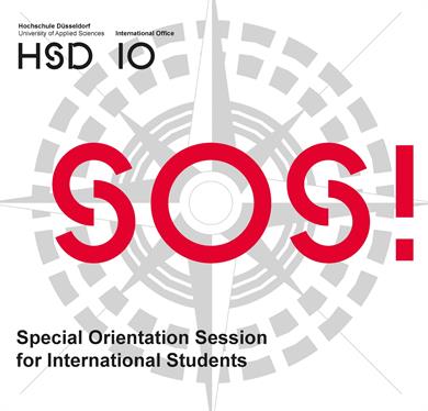 HSD and IO Emblem on the upper left Hand side in black. In the Background in Grey a big gyro compass. In the foreground in big red  letters: SOS! on the lower left side in black: Special Orientation Session for international students