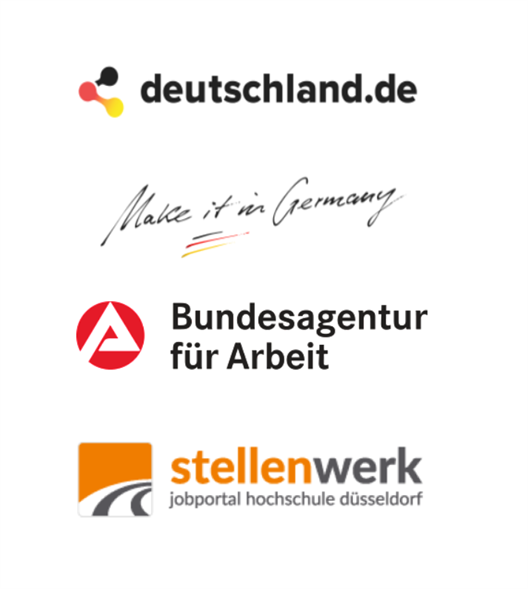 Logos von deutschland.de, Make it in Germany, Bundesagentur für Arbeit, Stellenwerk Hochschule Düsseldorf