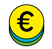 Auf der Grafik sind drei übereinander gestapelte Münzen zu sehen. Zu unterst liegt eine grüne, dann eine blaue und zu oberst eine gelbe, auf der ein großes Euro-Zeichen abgebildet ist.