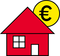 Auf der Grafik ist ein rotes Haus mit Spitzdach, Tür und Fenster zu sehen. Rechts hinter dem Dach schaut eine große gelbe Münze hervor, auf der ein Euro-Zeichen prangt.